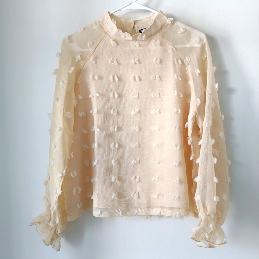 SHEIN cream tufted sheer top with cream lining, gathered sleeve cuffs, mock neck